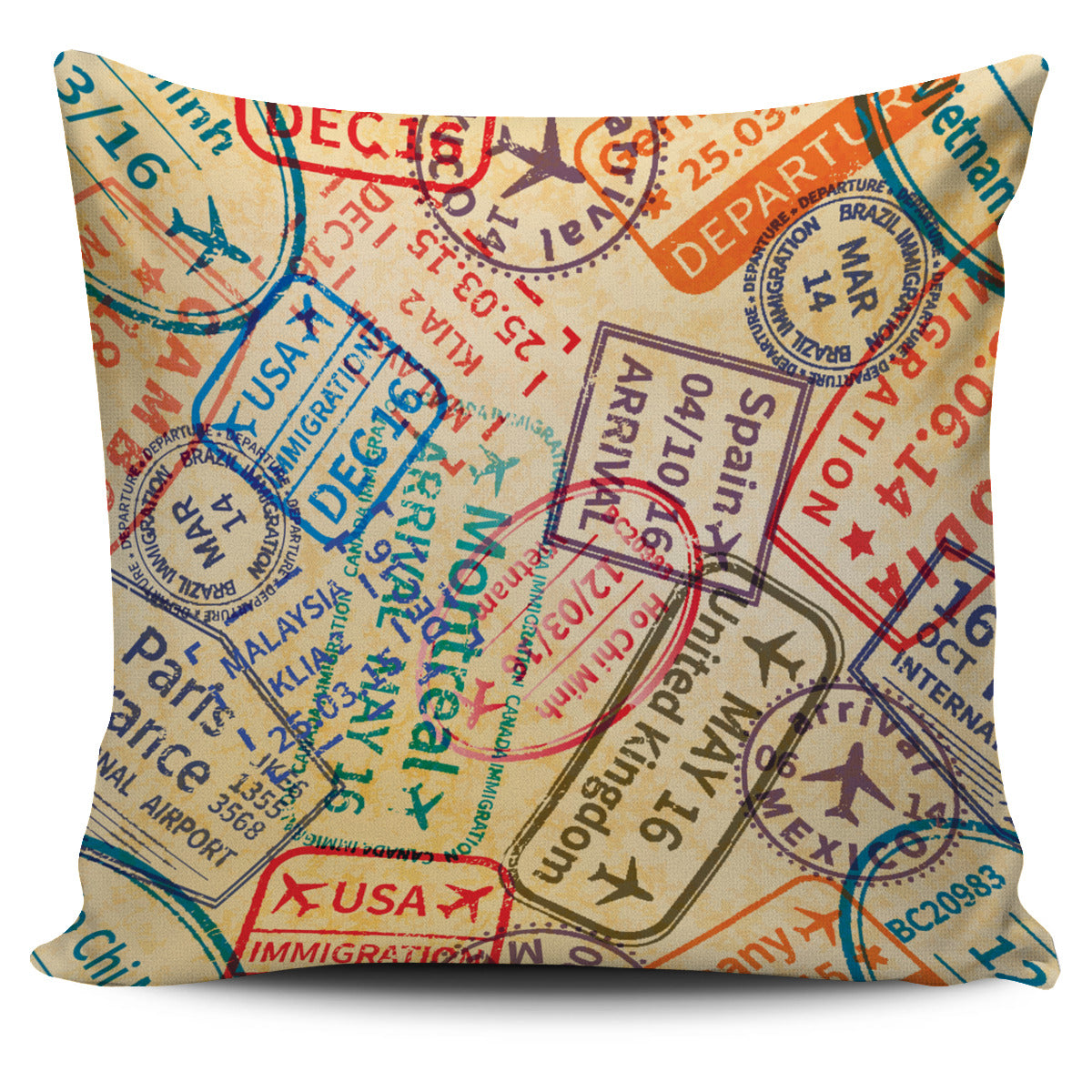 Travel Stamps Pillow Cover